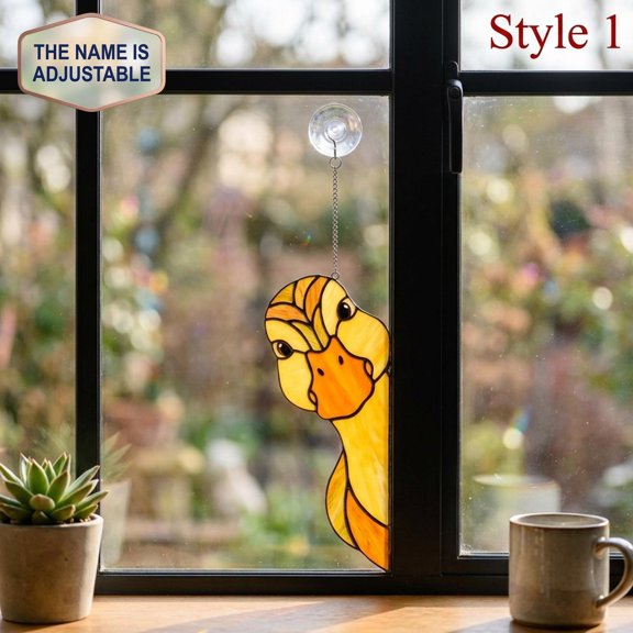 Personalized Peeking Duck Acrylic Suncatcher, Custom Name Faux Stained Glass Window Hanging Decor, Bird Lover Gift