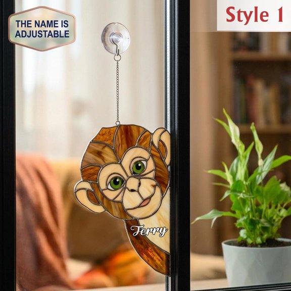 Personalized Peeking Monkey Acrylic Suncatcher, Custom Name Faux Stained Glass Window Hanging Decor, Nature and Animal Lover Gift