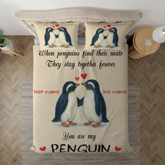 Personalized Penguin Bedding Set for Couples – Custom Name Bed Set with Cute Love Quote – Romantic Gift for Him & Her