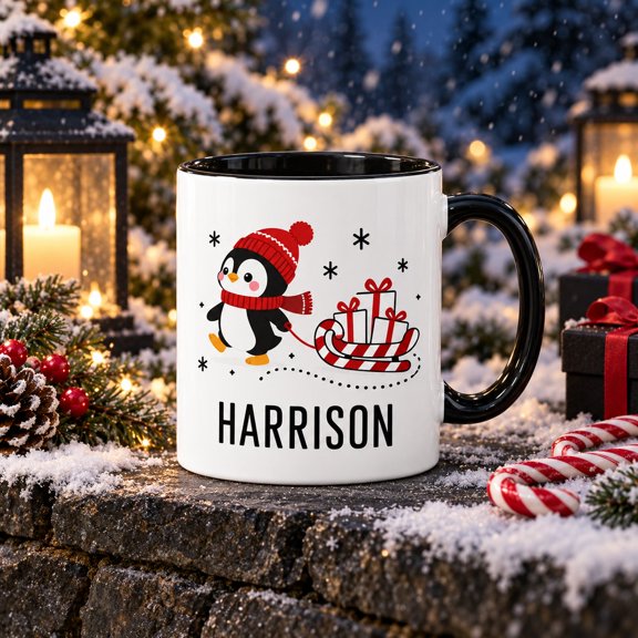 Personalized Penguin Candy Cane Delivery Mug, Christmas Gift