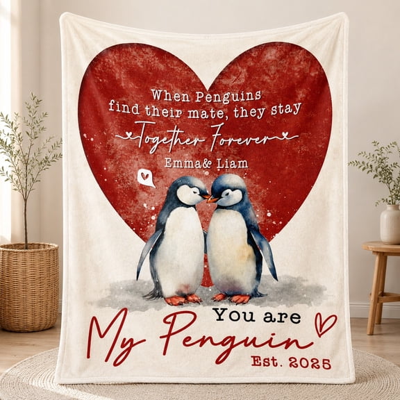 Personalized Penguin Couple Fleece Blanket, Custom Name Date 3D Print Polyester Throw, 280GSM, Multiple Sizes