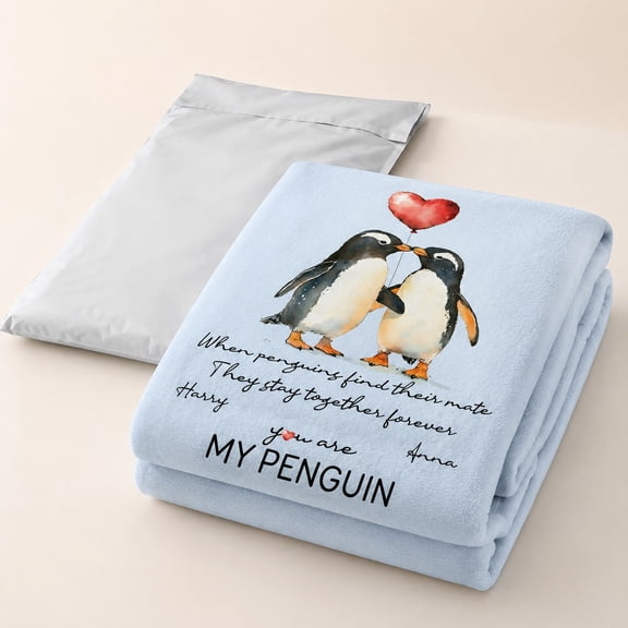 Personalized Penguin Couple Fleece Blanket, Custom Name Text Date 280gsm Polyester Throw, 3D Print Gift Blanket