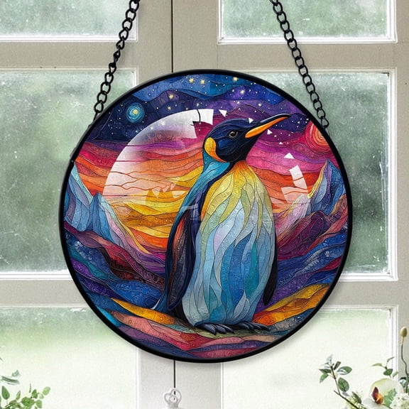 Personalized Penguin Stained Glass Suncatcher Artistic Window Hanging, Penguin 78 Hand-Painted Glass Panel Wall Home Decor, Penguin Garden Decor T2Ouco (Penguin 2)