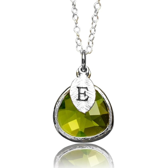 Personalized Peridot Necklace, August Birthstone Necklace, Bridesmaid Necklace, Custom Initial Necklace, Gift for Her, Peridot Jewelry - 16" Rose Gold Plated - Leaf Initial T