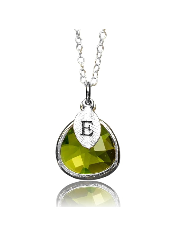 Personalized Peridot Necklace, August Birthstone Necklace, Bridesmaid Necklace, Custom Initial Necklace, Gift for Her, Peridot Jewelry - 18" Silver Plated - Leaf Initial A