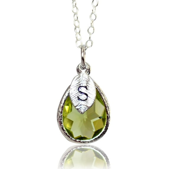 Personalized Peridot Necklace, August Teardrop Birthstone Necklace, Bridesmaid Necklace, Custom Initial Necklace, Birthday Gift for Her - 16" Silver Plated