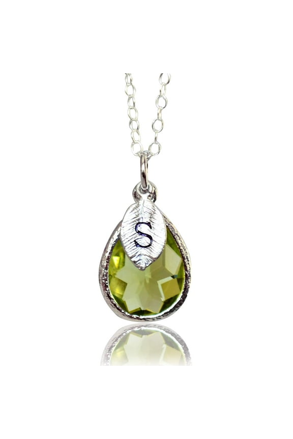 Personalized Peridot Necklace, August Teardrop Birthstone Necklace, Bridesmaid Necklace, Custom Initial Necklace, Birthday Gift for Her - 16" Silver Plated