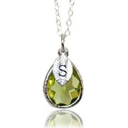 Personalized Peridot Necklace, August Teardrop Birthstone Necklace, Bridesmaid Necklace, Custom Initial Necklace, Birthday Gift for Her - 16" Silver Plated