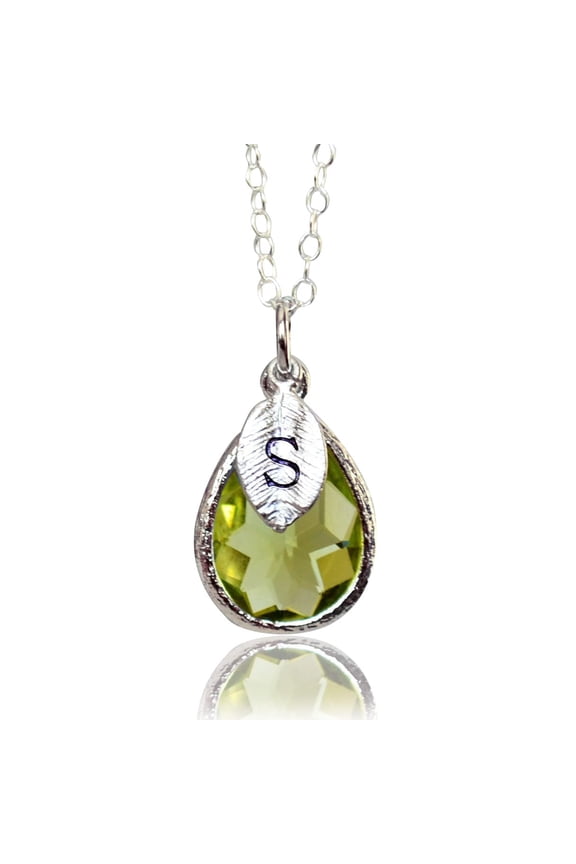 Personalized Peridot Necklace, August Teardrop Birthstone Necklace, Bridesmaid Necklace, Custom Initial Necklace, Birthday Gift for Her - 20" Silver Plated