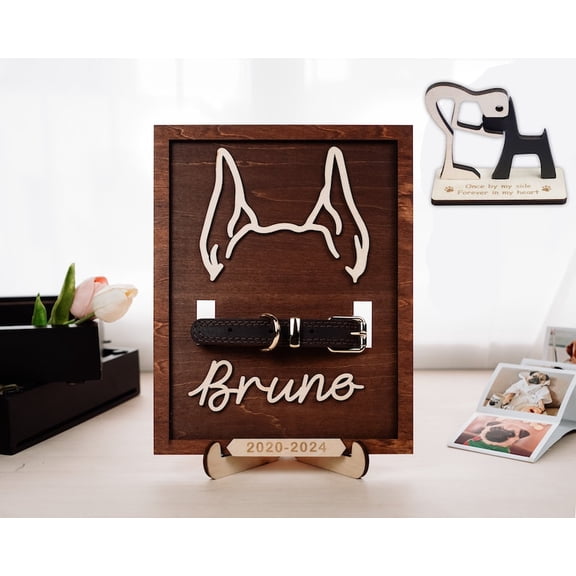 Personalized Pet Memorial Frame, Custom Dog Ear Outline, Memorial Pet Collar Holder, Pet Loss Keepsake, Pet Lover Gift with Name Sign