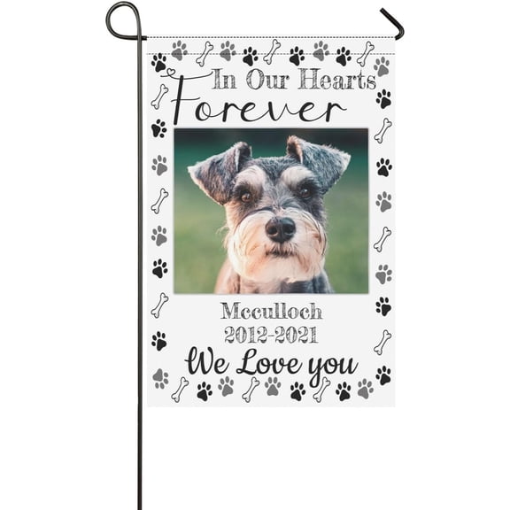 Personalized Pet Memorial Garden Flag With Photo Name and Date, Double Sided Outdoor Yard Decoration, 12 x 18 Inch, White