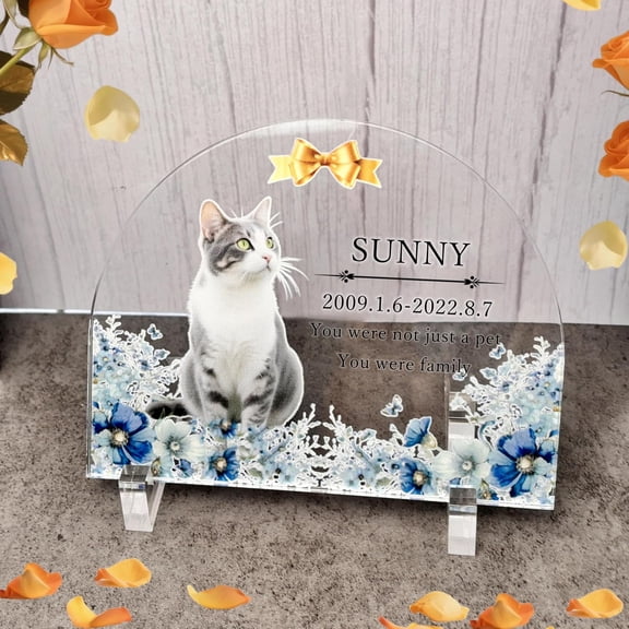 Personalized Pet Memorial Plaque for Loss of Dog Cat - Custom Sympathy Gift with Photo, Name & Dates on Clear Acrylic Stand - Urn Topper Tabletop Decor with Floral Design
