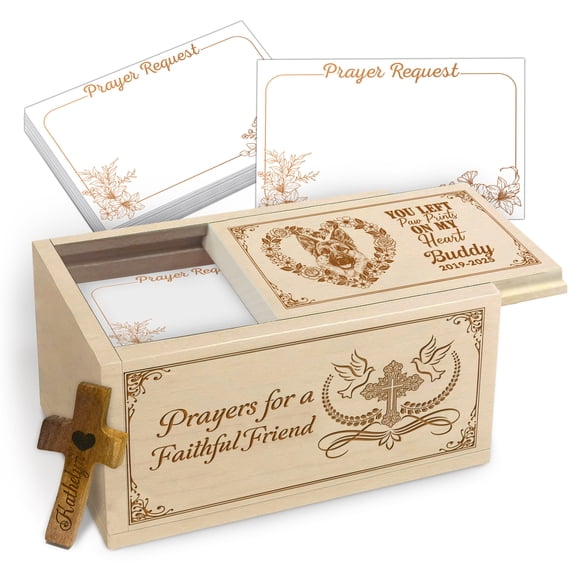 Personalized Pet Memorial Prayer Box, Maple Wood Prayer Request Box with Custom Photo Name & Year, 100 Blank Prayer Cards and Wooden Cross, Sympathy Gift