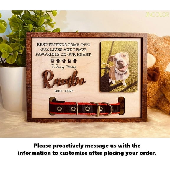 Personalized Pet Memorial Wood Frame with Collar Holder Custom Sympathy Keepsake