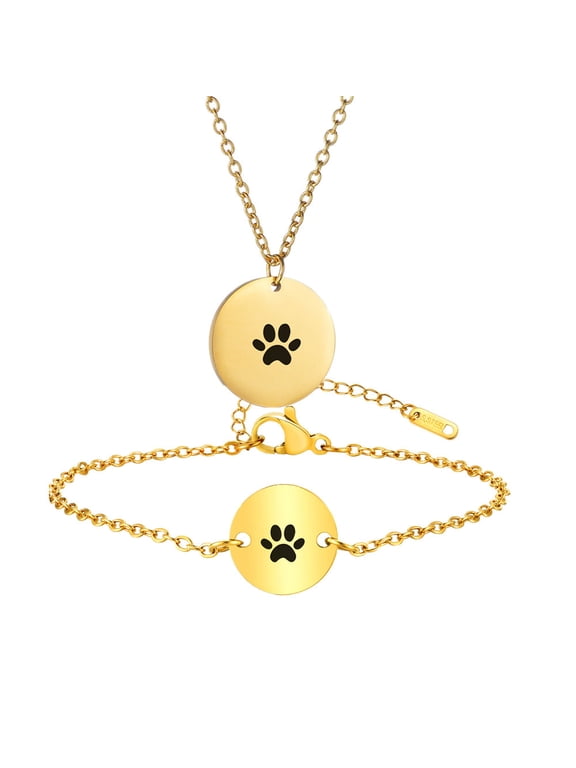 Personalized Pet Paw Gift for Her,Customized Name Date Engraved Disc Bracelet Necklace Set Dog Pet Memorial Gift Loss of Beloved Dog Cat Sympathy Jewelry for Mom,Girlfriend,Sister,Lover