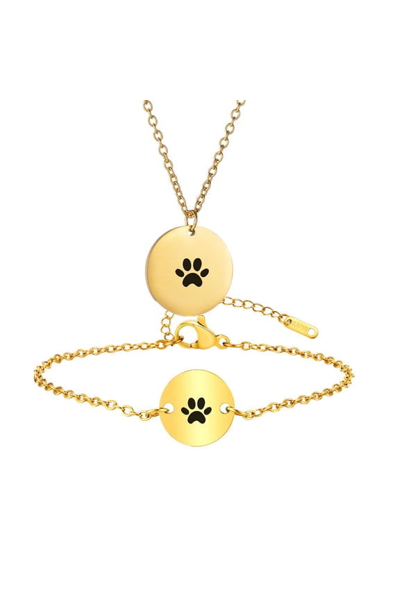 Personalized Pet Paw Gift for Her,Customized Name Date Engraved Disc Bracelet Necklace Set Dog Pet Memorial Gift Loss of Beloved Dog Cat Sympathy Jewelry for Mom,Girlfriend,Sister,Lover