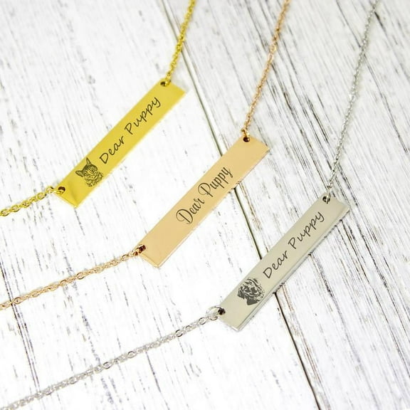 Personalized Pet Portrait Bar Necklace - Gold Engravable Dog Cat Stainless Steel Bar Necklace - Custom Dog Cat Pendant Jewelry - Christmas Gift for Her - Jewelry Gift Box