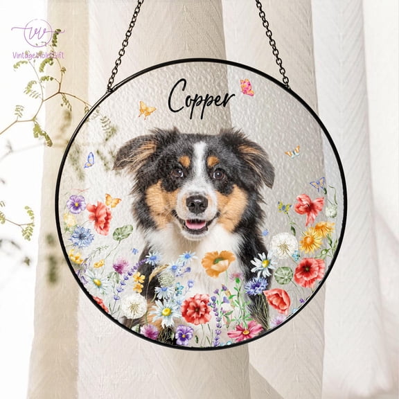 Personalized Pet Portrait Stained Glass Suncatcher, Custom Floral Window Decor with Dog Portrait, Pet Memorial Gift, Pet Lovers Gifts 4346138112 7037