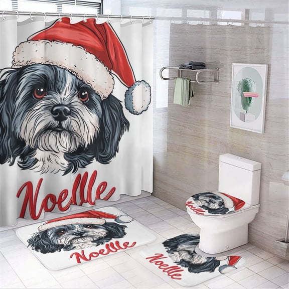 Personalized Pet's Photo + Name 4Pcs Shower Curtain Set with Rugs with Non-Slip Rugs Toilet Lid Cover And Bath Mat Santa Hat Dog Waterproof Personality Pattern Bath Curtain for Bathroom Decor