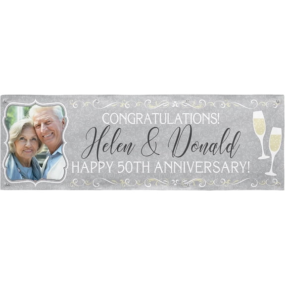 Personalized Photo Banner - Party Decorations - Wedding, Anniversary, Engagement - Customized Banner - Celebration - Any Text - Indoor/Outdoor Vinyl - Gray - 8 ft