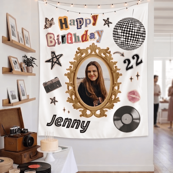 BASNITU Personalized Photo Birthday Banner, Custom Face Birthday Tapestry