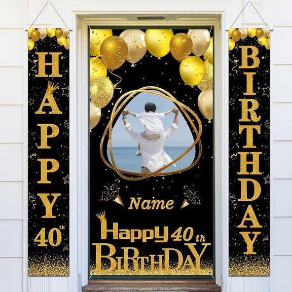 Personalized Photo Birthday Banner Set Custom Door Banners Polyster Backdrop Party Decorations Supplies Background for Birthday Newborn Baby Shower Celebration(Black and Gold)