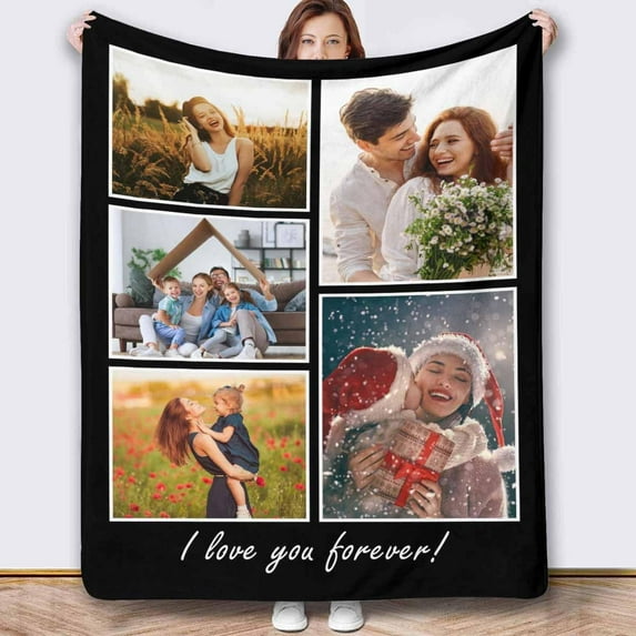 Personalized Photo Blankets Customized Throw Blankets with Picture Birthday Christmas Anniversary Valentines Mother's Day Gifts for Mom Women Best Friends Couple 6 Pictures Blankets