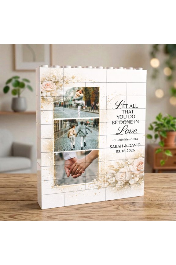 Personalized Photo Building Block Plaque with Custom Names Date and Quote, Custom Couple Keepsake Display Gift for Wedding Anniversary