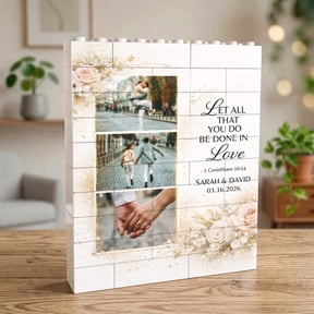 Personalized Photo Building Block Plaque with Custom Names Date and Quote, Custom Couple Keepsake Display Gift for Wedding Anniversary