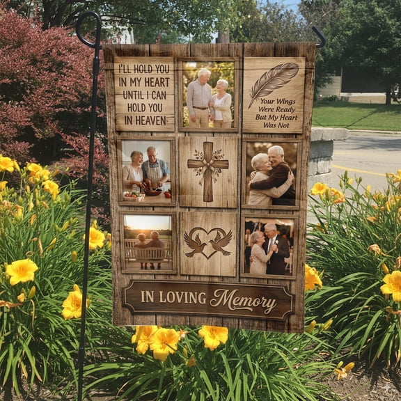 Personalized Photo Collage Memorial Flag I Will Hold You In My Heart Rustic Wood Garden Si