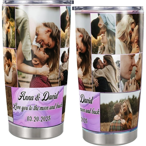 Personalized Photo Couple Tumbler 20oz Custom Name His and Her Travel Coffee Mug Stainless Steel Insulated Vacuum Drinking Cup Gift for Wedding Anniversary Valentine Day Christmas