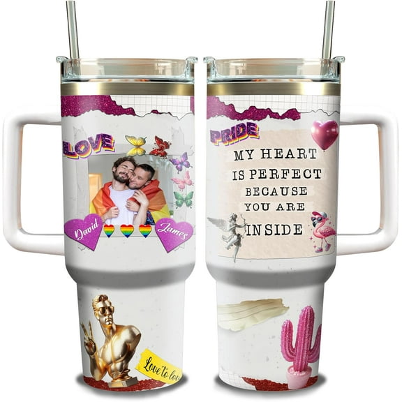 Personalized Photo Lgbt Rainbow Insulated Tumbler Stainless Steel Tumblers with Lid 40oz Cups Custom Pictures Names Birthday Christmas Gifts For Couple on Birthday Pride Month