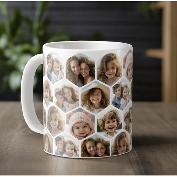Personalized Photo Mug, 7 Photo Collage Funky Hexagon Pattern Coffee, Bekilab, Bekilab Ceramic Coffee Mug, 11oz 15oz Gift