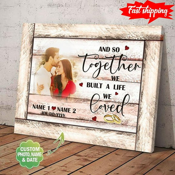 Personalized Photo, Name & Date Wooden Theme Happy Couple And Wedding Rings And So Together We Built A Life We Loved 11 x 17 Inch Poster