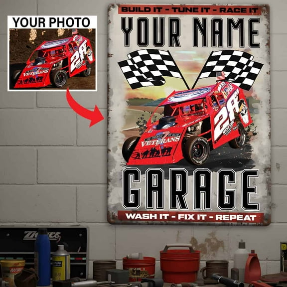 Personalized Photo & Name Dirt Track Racing Printed Metal Sign, Dirt Track Racing custom photo & name printed metal sign; 10''x16'' home garage decoration Xmas gift for dirt track racers (BK574)