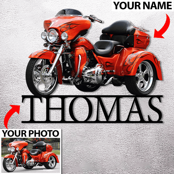 Personalized Photo & Name Trike Cut Metal Sign 14''x14'' ; trike home decor Xmas gift for trikers (phona2)