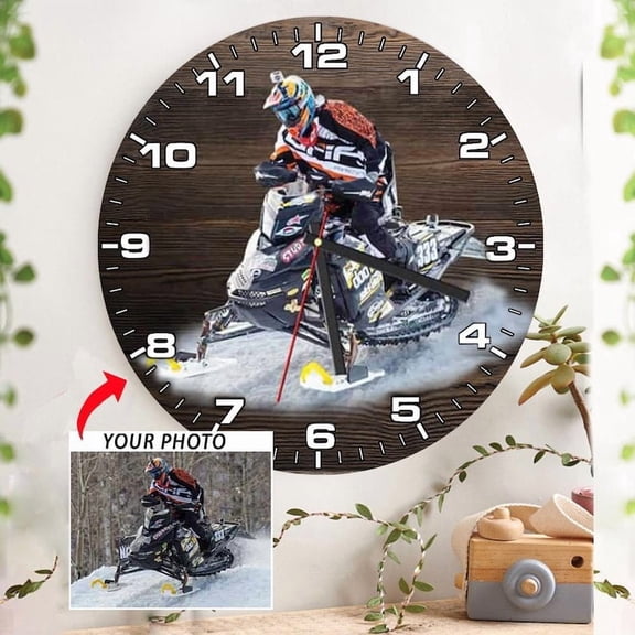 Personalized Photo Snowmobile Wooden Wall Clock, custom photo home dcor gift for snowmobile lovers