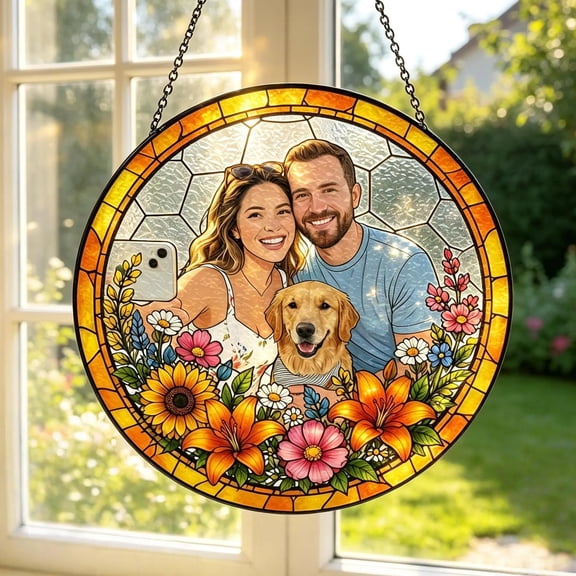 Personalized Photo Stained Glass Style Suncatcher, Custom Family Portrait Window Hanging Decor (3.94")