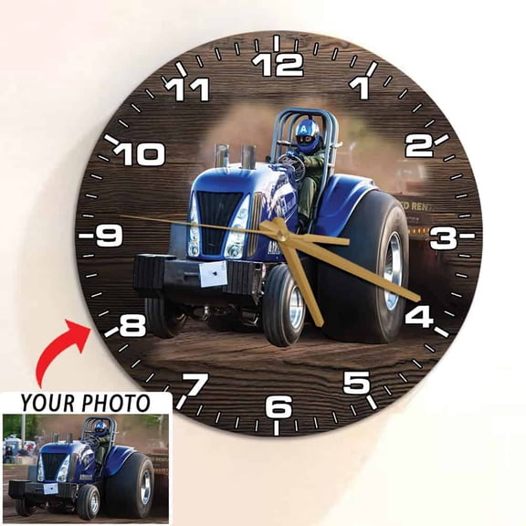 Personalized Photo Tractor Pulling Wall Clock, 12 Wooden, Tractor Pulling decor, Tractor Pulling gift.