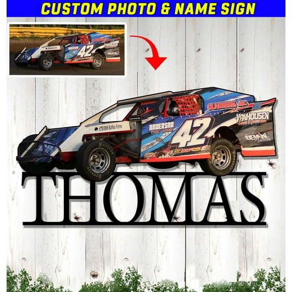 Personalized Photo and Name Dirt track racing Cut Metal Sign; Xmas gift home garage for dirt racing fan (Phona)