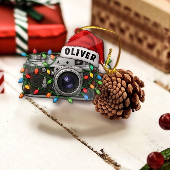 Personalized Photographer Acrylic Christmas Ornament Santa Hat & Lights, Custom Name Camera Holiday Tree Decor, Photography Lover Keepsake