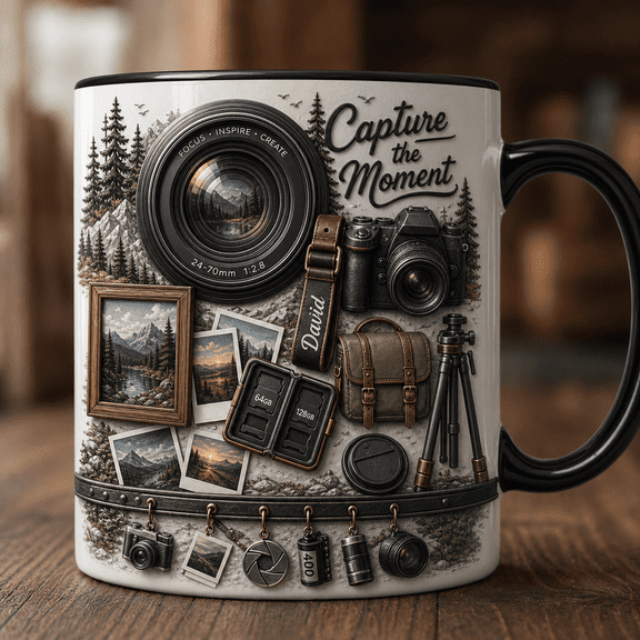 Personalized Photographer Ceramic Coffee Mugs, Camera Lens with Custom Name Gift 11 oz 15 oz