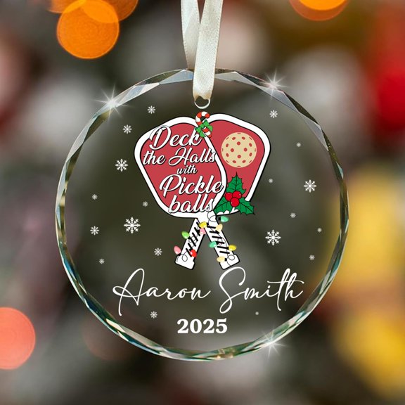 Personalized Pickleball Christmas Glass Ornament – Deck The Halls with Pickleballs Design – Custom Name & Year Tree Decoration Gift for Pickleball Lovers, Men, Women, Players