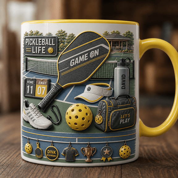 Personalized Pickleball Ceramic Mugs Custom Name with Paddle & Court Net Design