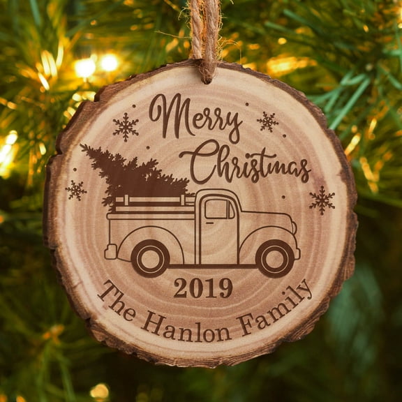 Personalized Pickup Truck Christmas Tree Ornament with Cut Log Design