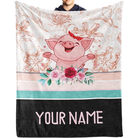 Personalized Pig Blanket Gifts with Text Name,30"x40" Flannel Fleece Throw Blanket Soft for Girls Boys Adults, Lightweight, Comfortable, Warm Cute Pig Themed Blanket for Bed Couch