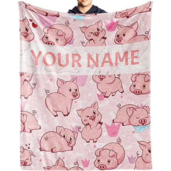 Personalized Pig Blanket Gifts with Text Name, 40"x50" Flannel Fleece Throw Blanket Soft for Girls Boys Adults, Lightweight, Comfortable, Warm Cute Pig Themed Blanket for Bed Couch