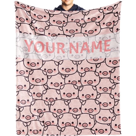 Personalized Pig Blanket Gifts with Text Name, 50"x60" Flannel Fleece Throw Blanket Soft for Girls Boys Adults, Lightweight, Comfortable, Warm Cute Pig Themed Blanket for Bed Couch
