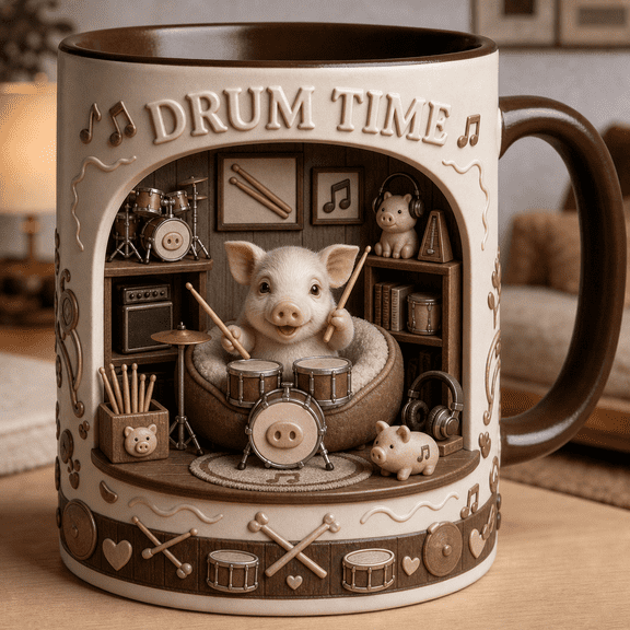 Personalized Pig Coffee Mug, Drummer Pig Lover Cup, Custom Music Gift