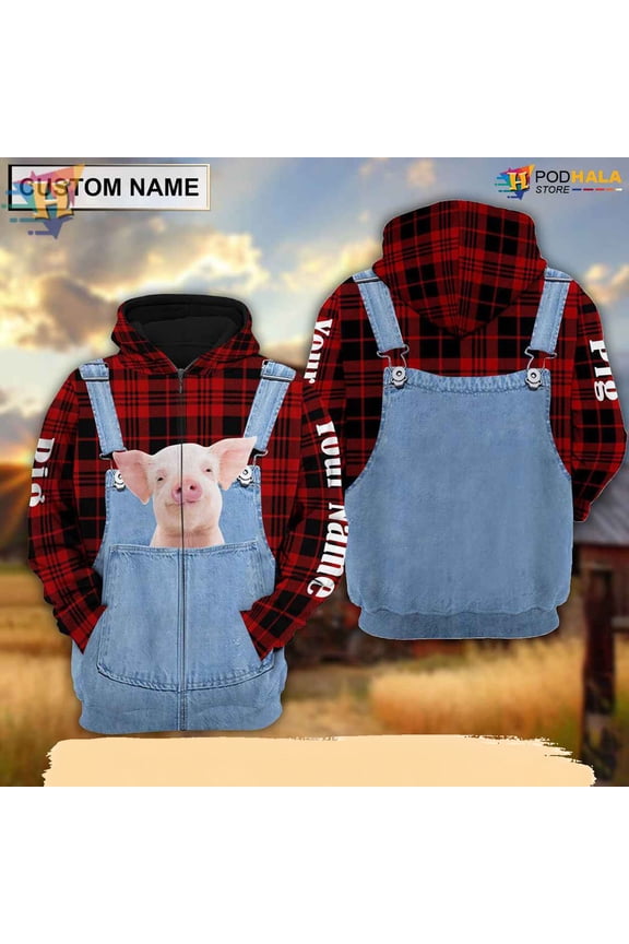 Personalized Pig Red Plaid 3D Hoodie, Custom Name Animal Design Apparel